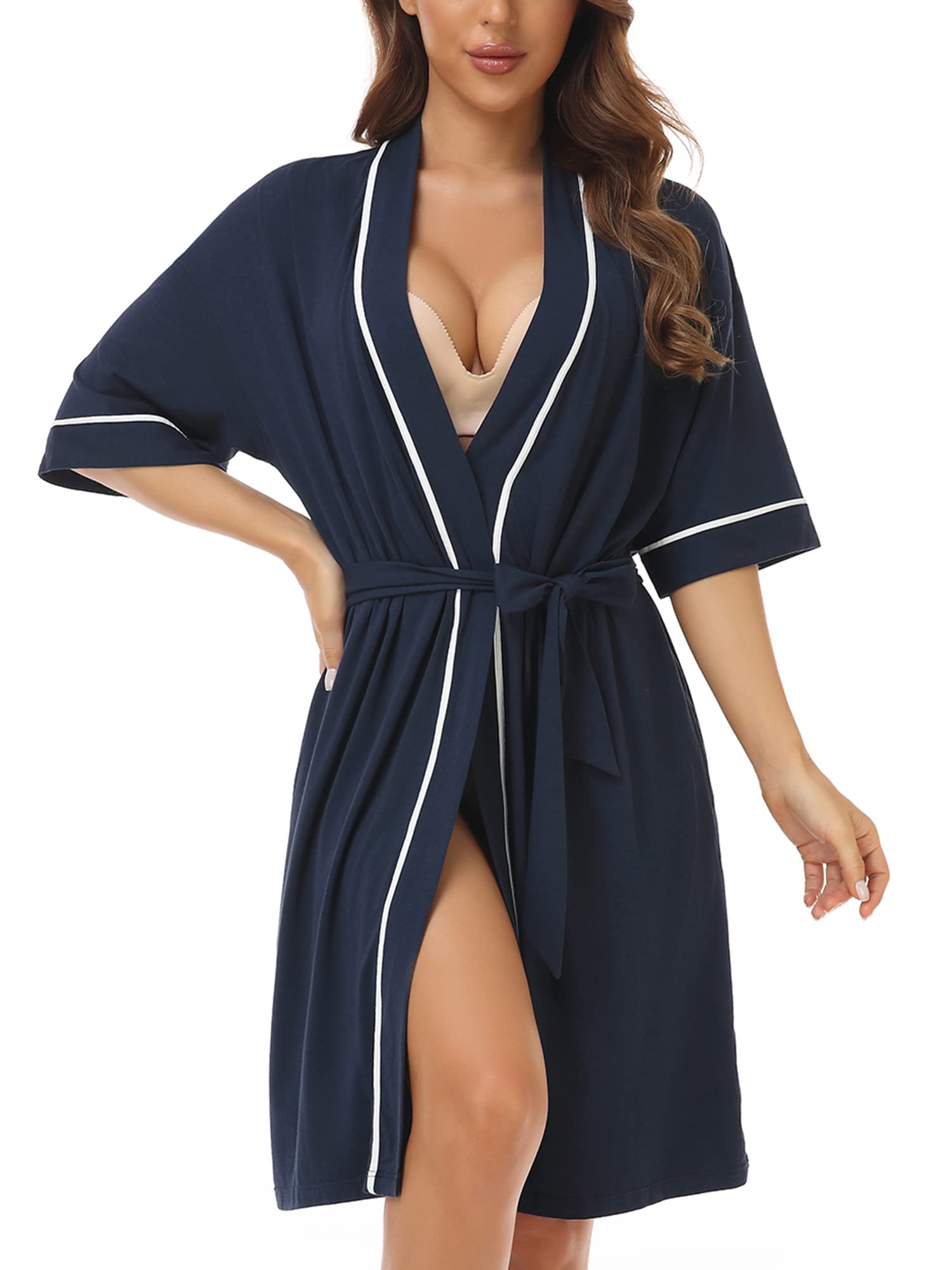 COLORFULLEAF Womens Bamboo Short Robes Lightweight Kimono Cotton Robe Soft Knit Bathrobe Ladies Loungewear with Pockets