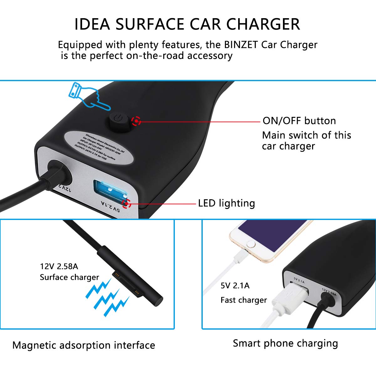 Surface Caricatore da Auto per Computer Portatile, 36W 12V 2,58A per Microsoft Surface Pro (2017), Book, Pro 3/4, Con Porte USB 5V 2,1A Ricarica Rapida per Smartphone