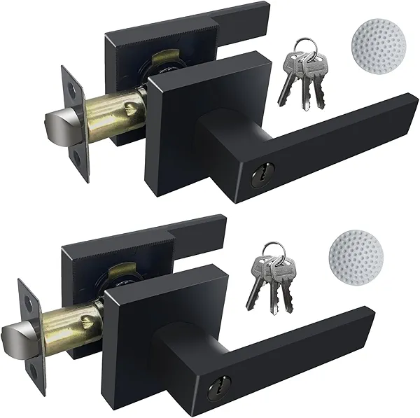 DSJJBLL 2 Pack Matte Black Door Handle Heavy Duty, Keyed Alike Entry Door Lever, Door Knobs with Lock and Key (Different Keys), Square Door Lever for Bedroom, Bathroom and Front Door