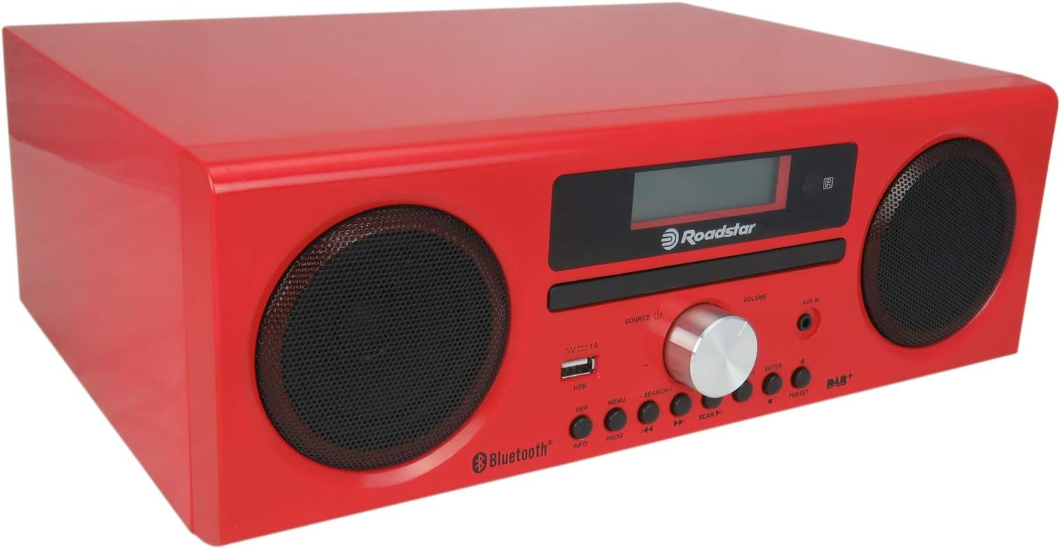 Roadstar HRA-9D+BT Gloss Red Wooden FM/DAB + Radio with CD Player, Bluetooth, Stereo Speakers, USB Encoding and Playback (Gloss Red Wood)