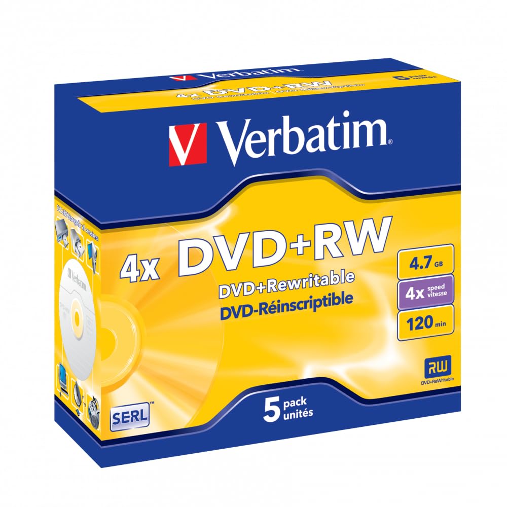 Verbatim 43229 Blank DVD+RW 4X Disc in Non Print Jewel Case (Pack of 5)