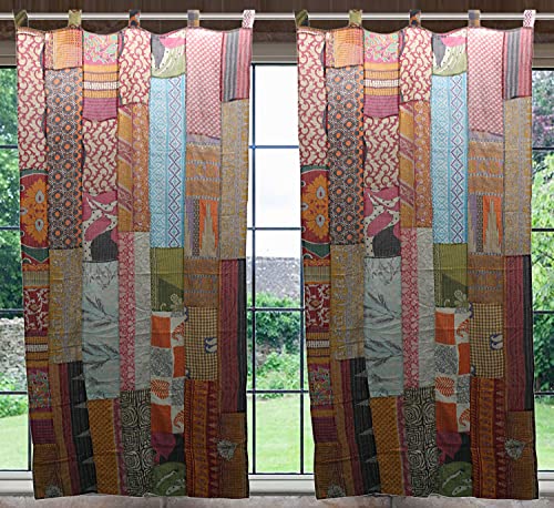Mango Gifts Handmade Cotton Kantha Patchwork Boho Curtains Pair - 84' L x 40' W Multicolor Bohemian Window Panels for Living Room & Bedroom Decor (2 Pieces)