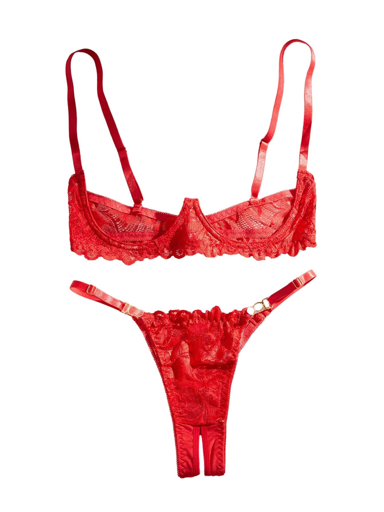 Women's Underwire Lingerie Set Lace 1/4 Cup Push Up Shelf Bra and Panty 2 Piece