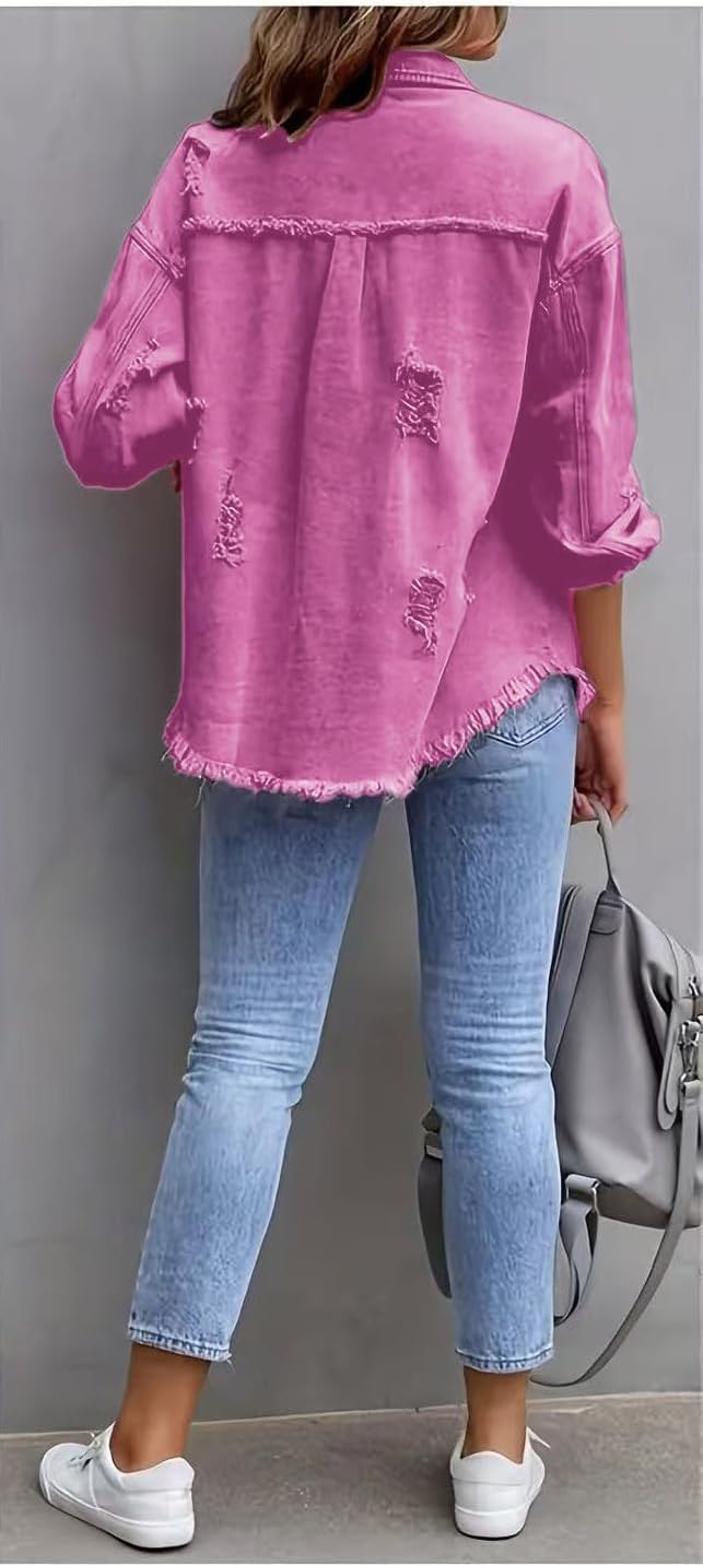 Women's Casual Ripped Denim Jacket Oversized Long Sleeve Button Down Raw Hem Distressed Jean Jackets - Image 5