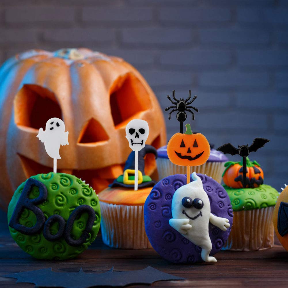 100 PCS Halloween Cupcake Toppers Set – Ghost Pumpkin Bat Spider Skull Cake Decorations - View #2