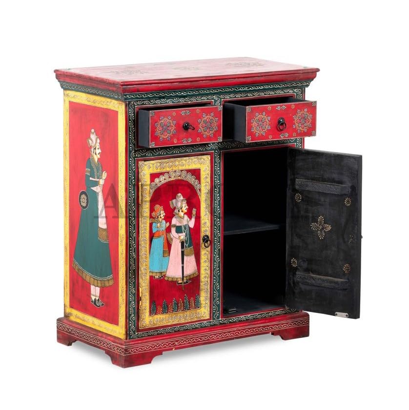 Image of APRODZ Wooden Traditional Handpainted Cabinet with Door & Drawer Storage (Multicolor)