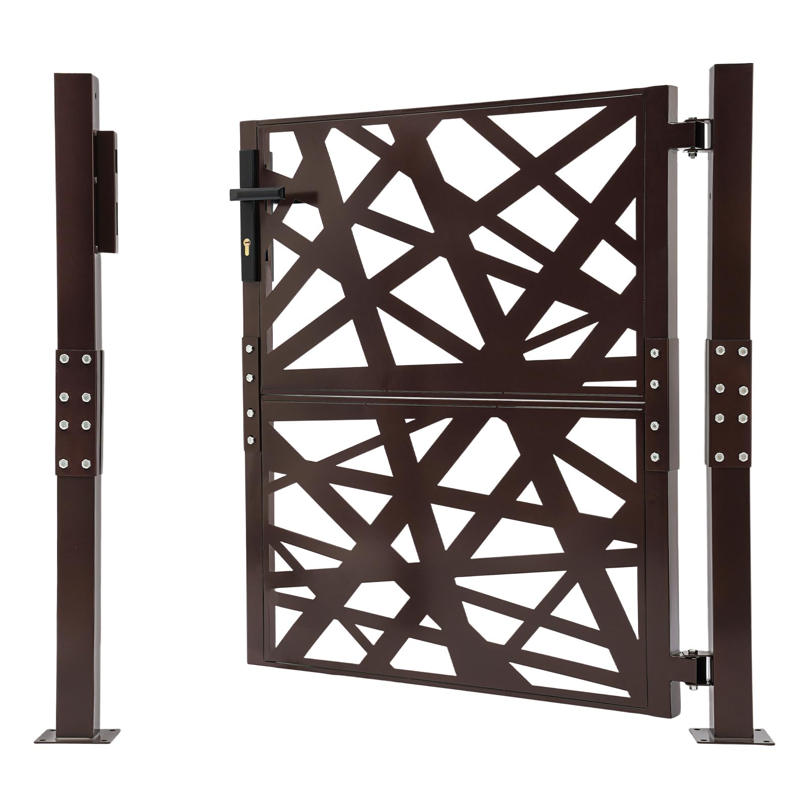 Puerta de jardín, 105 x 100 cm, color negro, para jardín, exterior, de seguridad, de metal, ángulo de apertura de 180°, cierre de seguridad con 7 llaves, para jardín, patio y terraza (marrón