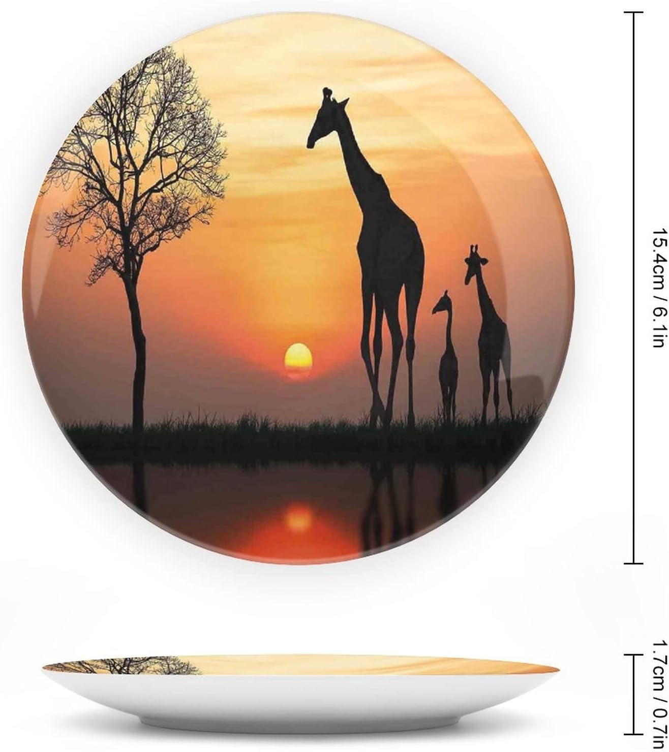 XISUNYA 7 Inch Decorative Plate, Animal Decor Ceramic Stoneware, Giraffes on Bushes by Lake Print Ceramic Wall Hanging Decor Accessory for Dining Table Tabletop Home Decor, Orange Black