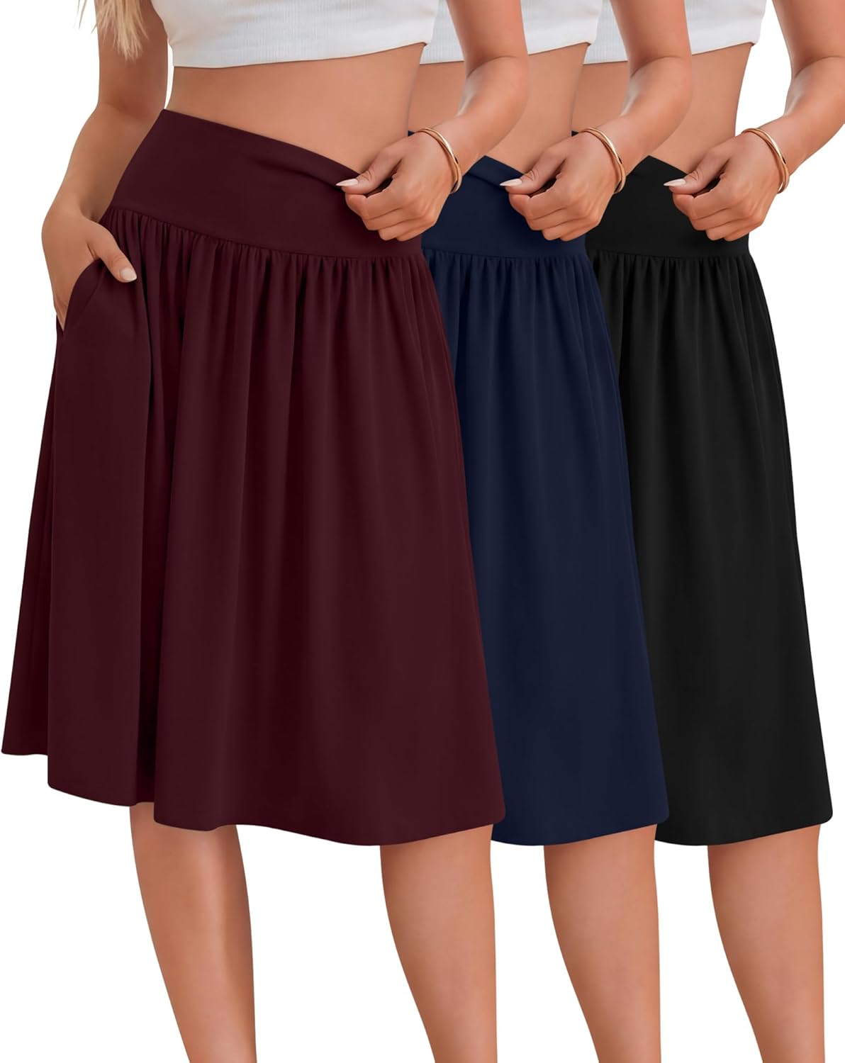 Ficerd 3 Pack Women's Knee Length Casual Skirts with Pockets, Flared High Waisted Midi Pleated Flowy a Line Summer Skirts