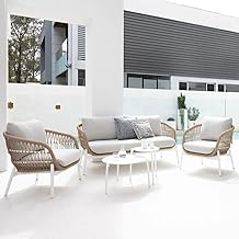BRISHI Outdoor 4 Seater Sofa Set | Balcony Sofa | Patio Furniture Sets | Conversation Sets | Braid & Rope Garden Sofa Set (Beige), 220 cm, 70 cm