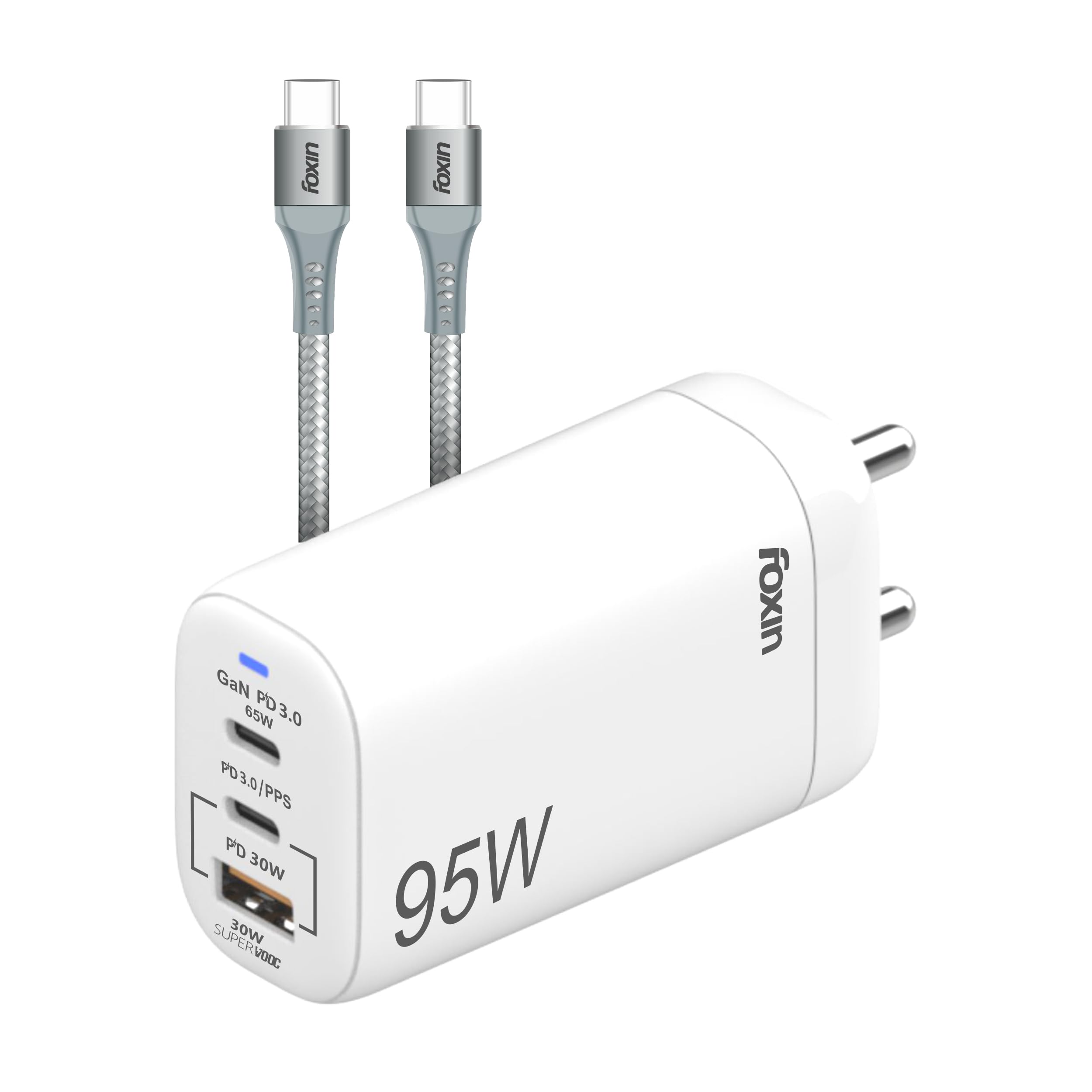 Foxin 95W GaN Charger | Dual PD Type-C & USB-A QC Adapter, 2 Mtr. 100W Cable Included, Compatible with MacBook | White (B0CF2857PH) Amazon Price History, Amazon Price Tracker