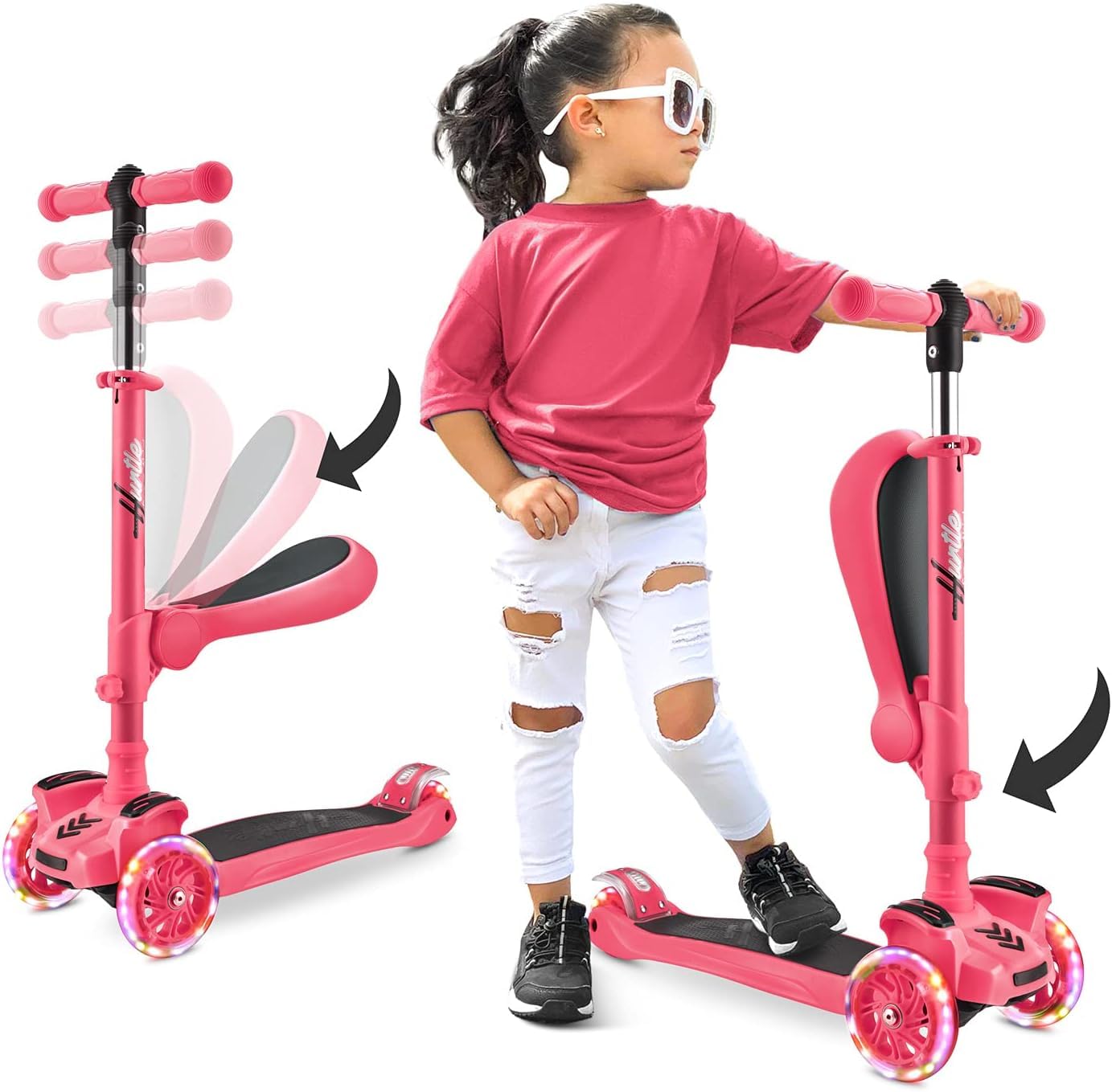 Hurtle Monopattino Bambino, Monopattino Bambina, Monopattino a 3 Ruote, Regolabile in Altezza con Sedile Pieghevole, Scooter per Bambini e Bambine con Ruote LED Multicolore, Dai 1 ai 14 Anni
