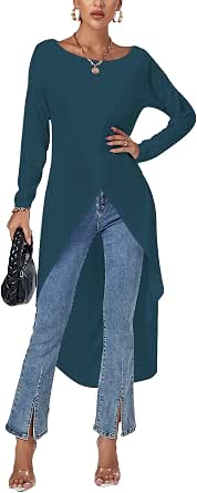 Women's Mock Neck Long Sleeve Blouse - Split Slit Hem Tunic Top, Black, X-Small To Large