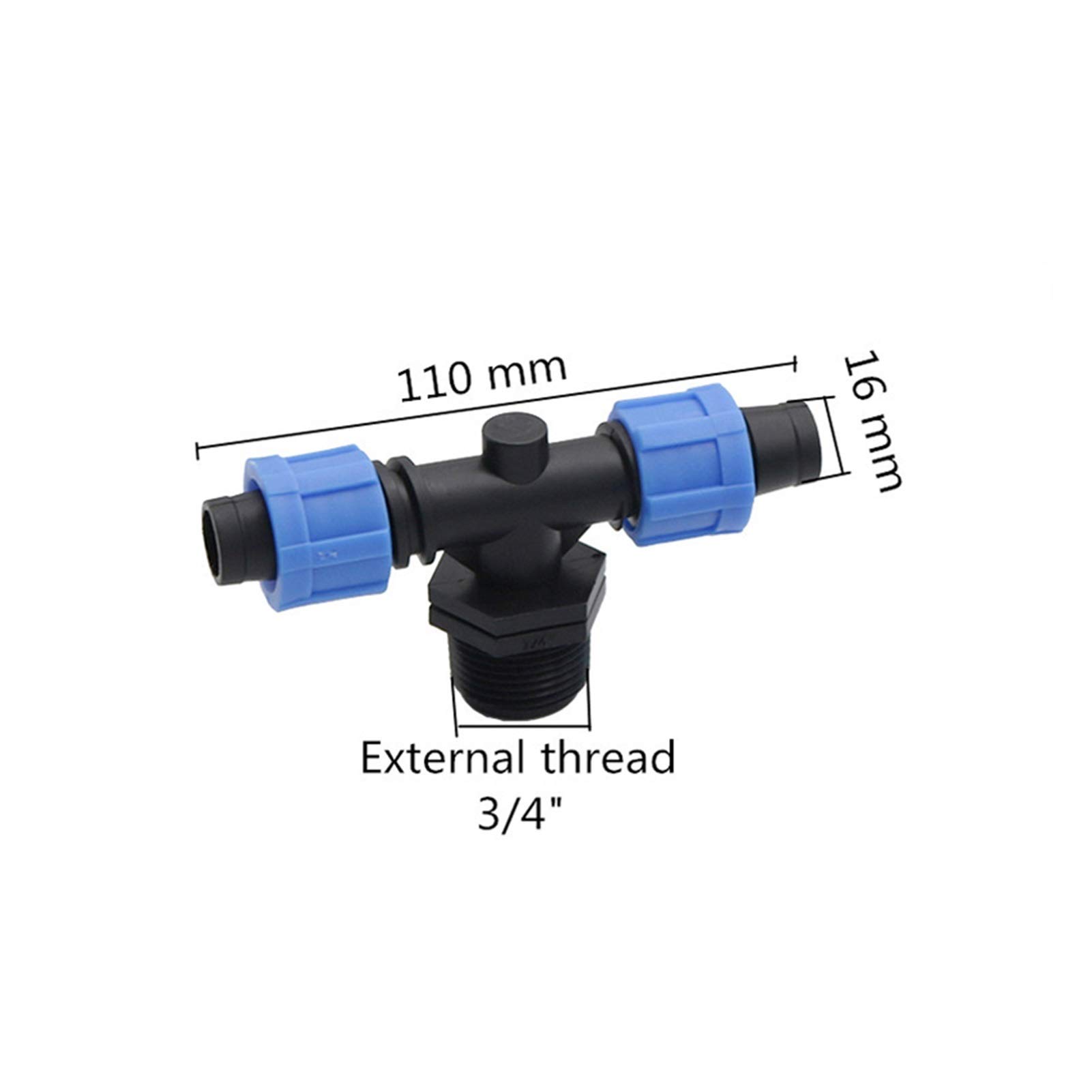 Raccordi per tubi da giardino per cortile industriale Blocco a nastro per irrigazione a goccia da 16 mm con connettori a tre vie con connettori a tre vie con raccordi da 1/2 "3/4" filettati per tubi D