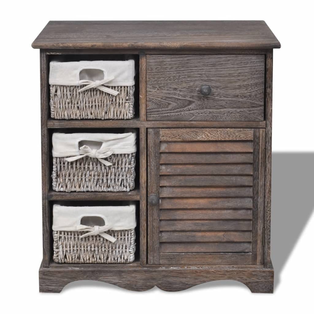 Cassettiera con 3 cestini, marrone, armadio in legno di paulownia, scaffale in stile rustico per corridoio e soggiorno, armadietto con cestini, 60 x 30 x 63 cm