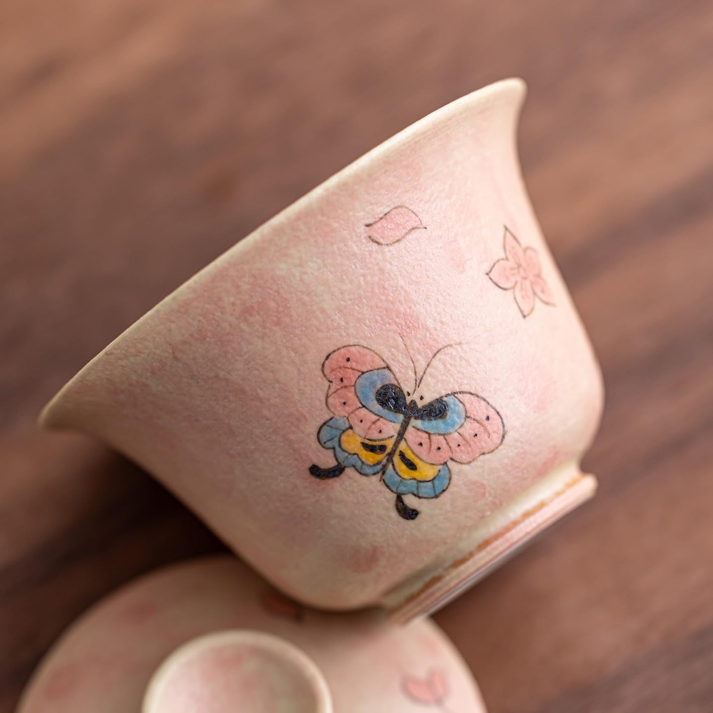 Tazas de té Pequeñas Tazón de té personal for dama con tapa mariposa y glaseado caramelo pintado a mano, juego cerámica vintage, vajilla resistente al calor Taza de té de Kungfu