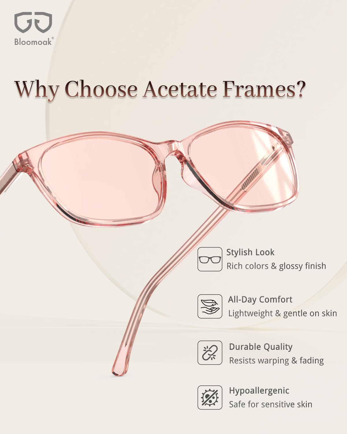 Bloomoak Różowe przyciemniane okulary migrenowe, FL- Flex okulary łagodzące czułość światła do fluorescencyjnego blasku LED, światłowstręt, zmęczenie oczu