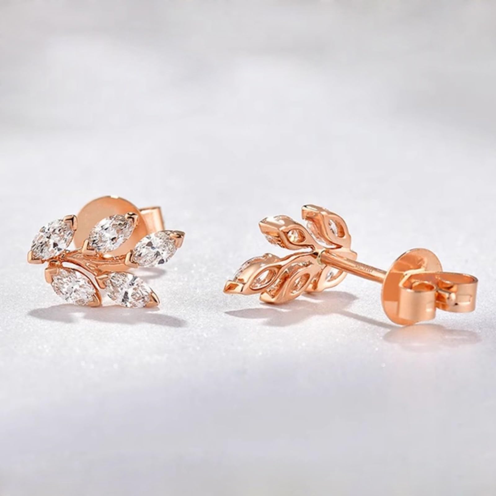 Pendientes de oro rosa con diamantes marquesa de 9 quilates, 14 quilates y 18 quilates, aretes de tuerca de oro real para mujer