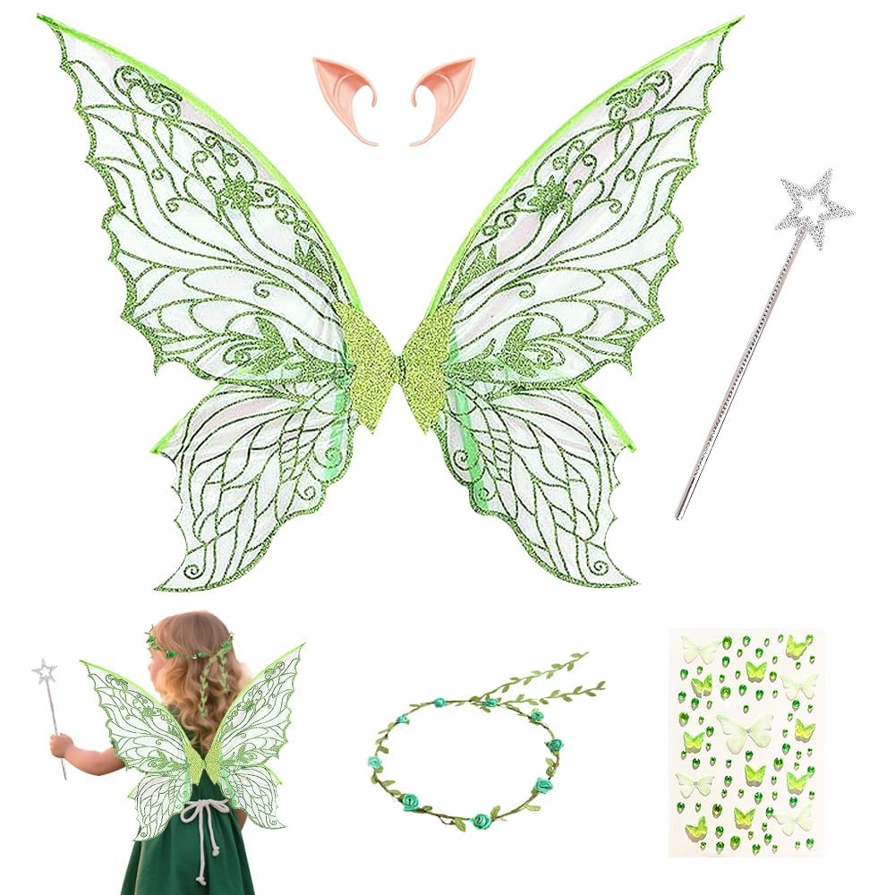 Set De Alas De Hada Con Corona Y Orejas De Elfo – Disfraz De Mariposa Brillante Para Niñas, Incluye Diadema Y Pendientes, Perfecto Para Halloween, Carnaval Y Fiestas Temáticas