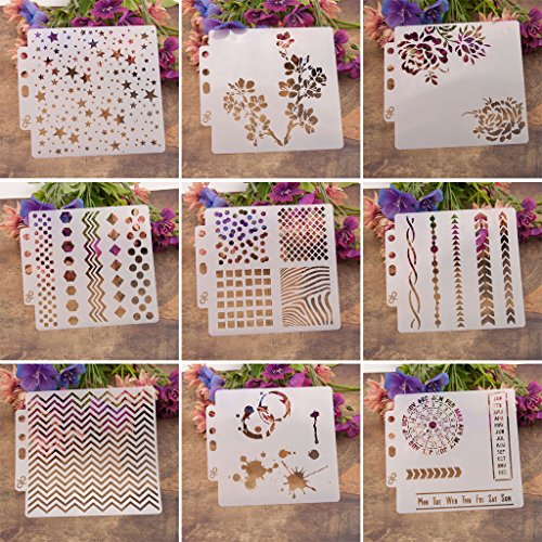 Lottoy Juego de 9 plantillas de plástico PET con diseño de flores, perfectas para diseño textil, decoración de pared, ventanas, papel, scrapbooking, manualidades infantiles, 14 x 13 cm