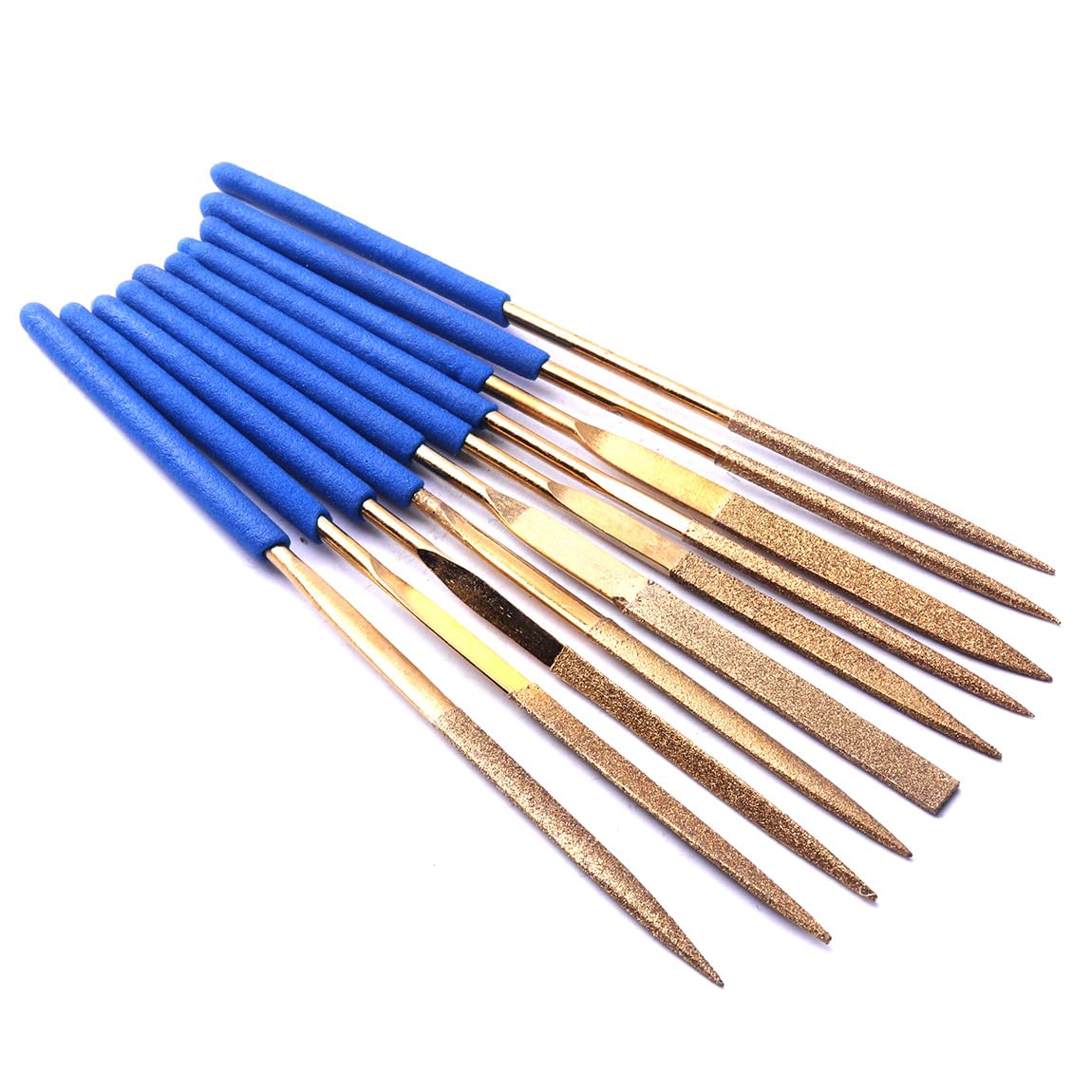 Mini Diamond Needle File Set,10Pcs 3X140mm Titanium Coated Diamond Files For Metal Glass Wood Stone Jewelry, Includes Round,Half Round,Triangular, 601308130002
