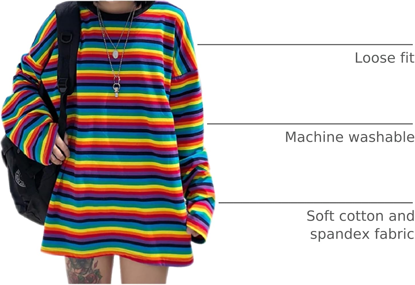 Women Girls Rainbow Striped T Shirt Oversized Long Sleeve Women Girls Rainbow Striped T Shirt Oversized Long Sleeve
