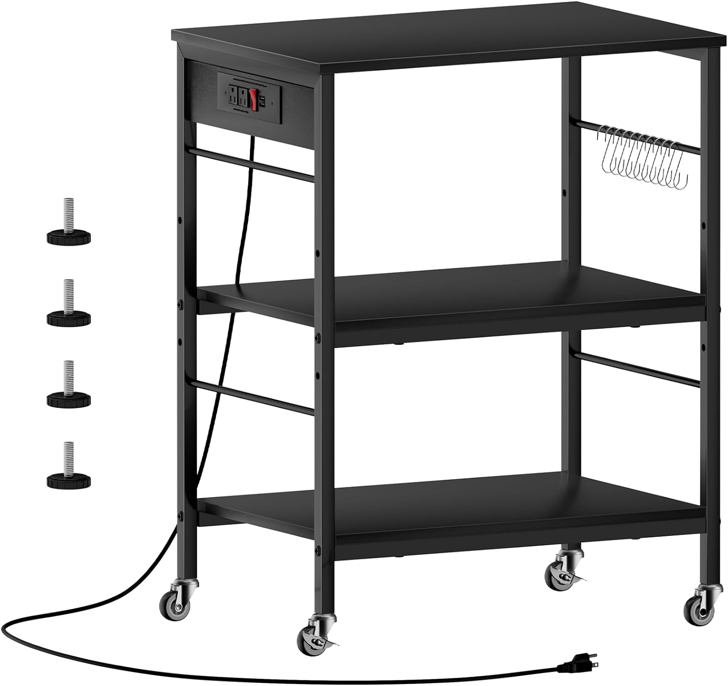 Bakers Rack with Power Outlet Black Coffee Station Cart Table on Wheels