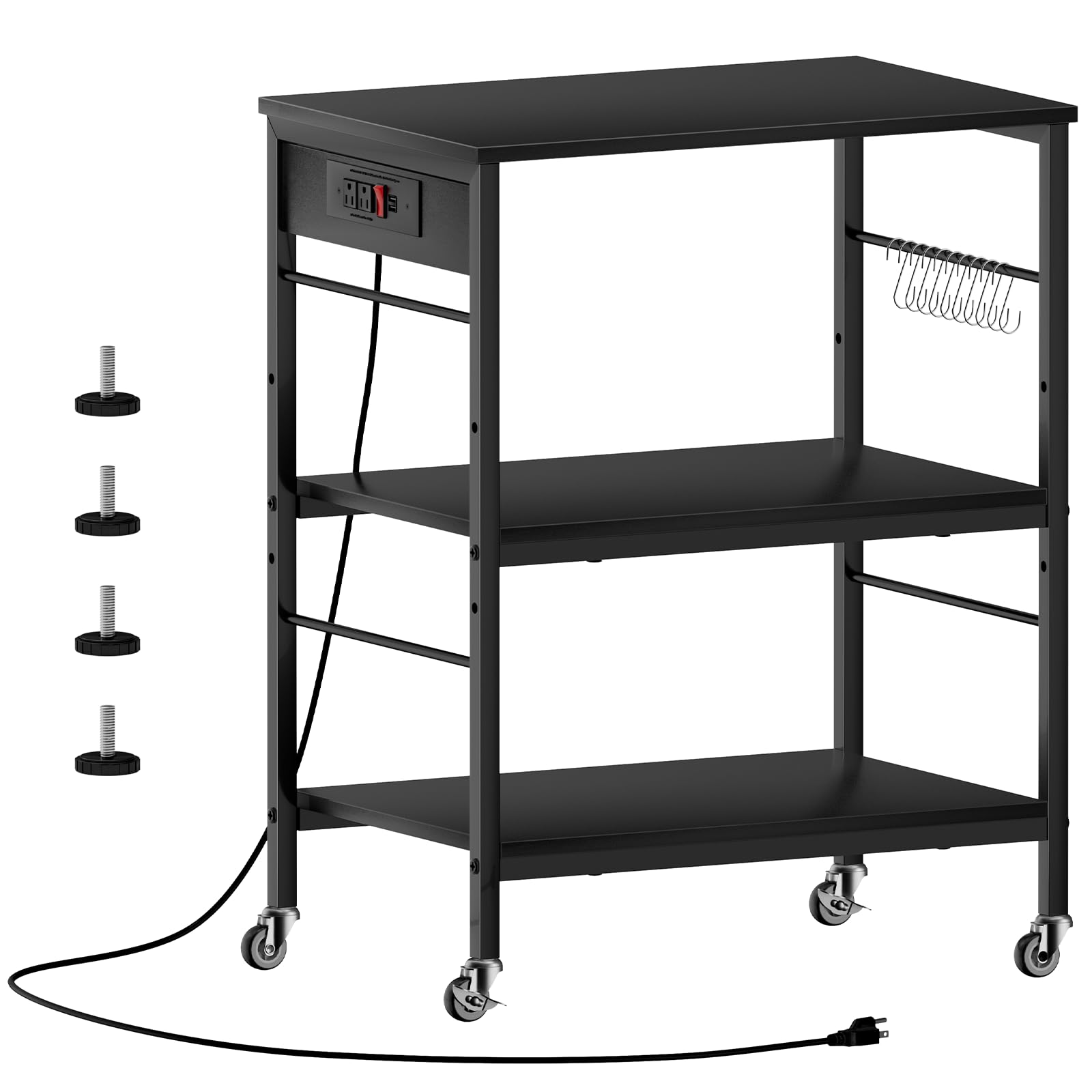 ETELI Bakers Rack with Power Outlet Black Coffee Station Cart Table on Wheels Microwave Stand Table with Storage Shelf for Kitchen Living Room Bedroom