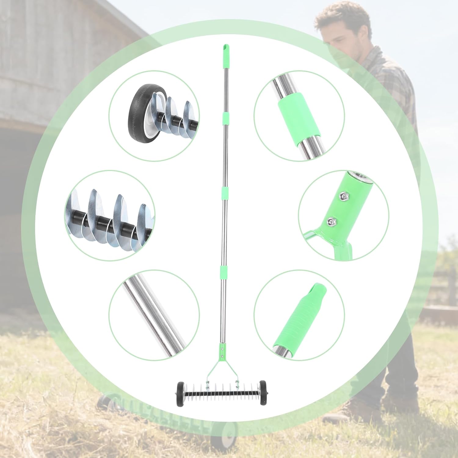 Adjustable Lawn Thatch Rake with Wheels - Comes with Protective Gardening Gloves - Ergonomic Dethatcher Rake for Lawn Care - Heavy Duty Carbon Steel Rust Resistant