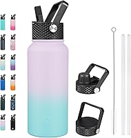 Vista 79 de BJPKPK - Botellas de agua aisladas con tapa con popote, botella grande de metal de 32 onzas con 3 tapas, termo reutilizable sin fugas y sin BPA