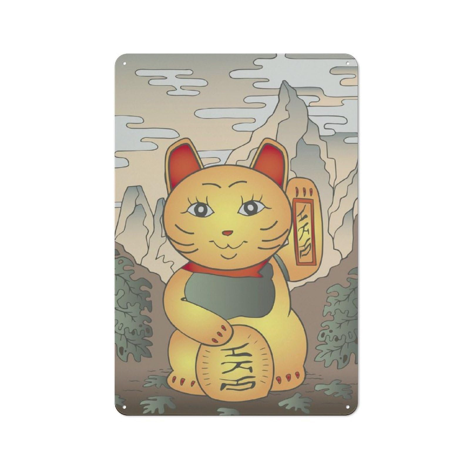 Junmoney Maneki Neko Japanese Vintage Tin Sign 30X20cm With For Home Office Or Studio, Winter Wall Decor For Creative Workspace Decorators