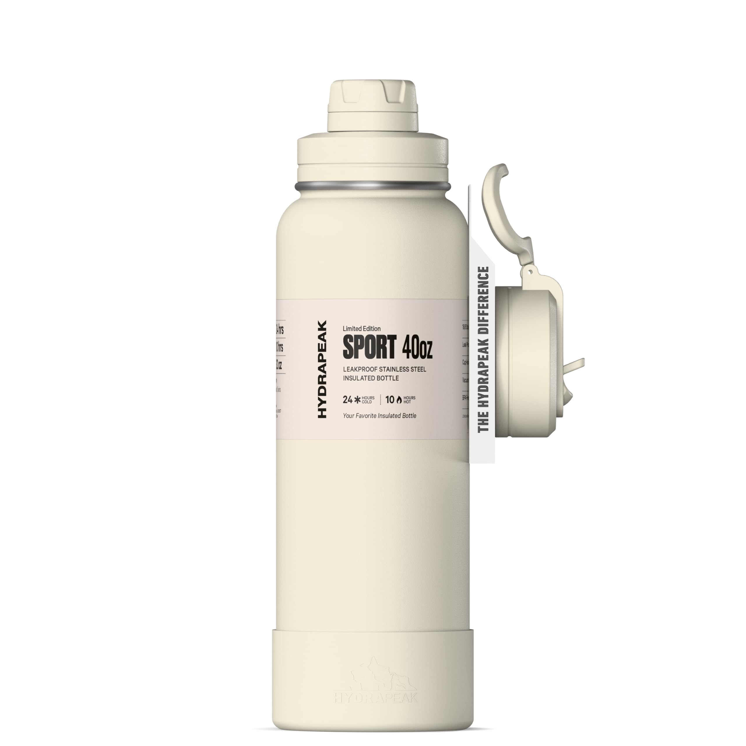 Hydrapeak 40oz Sport Insulated Water Bottle with Straw & Chug Lid, Leak & Spill Proof, Keeps Drinks Cold for 24 Hours, Premium Stainless Steel (Ivory)