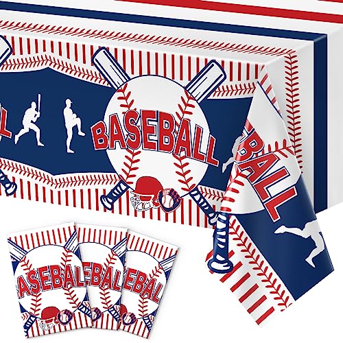 Image of Miucat 3pcs Baseball Tablecloth - Table Cover & Party Decorations - Disposable Plastic Tablecloth - Rectangle for Baseball Games & Sports Birthday Decorations