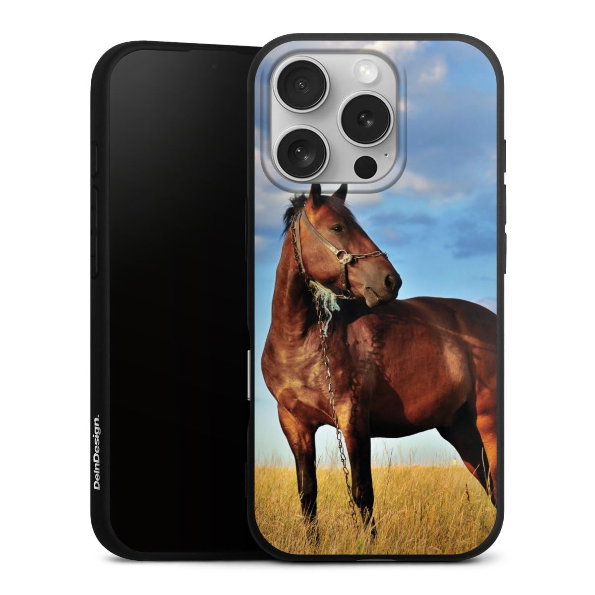 Coque silicone iPhone 16 Pro imprimé cheval prairie et ciel DeinDesign