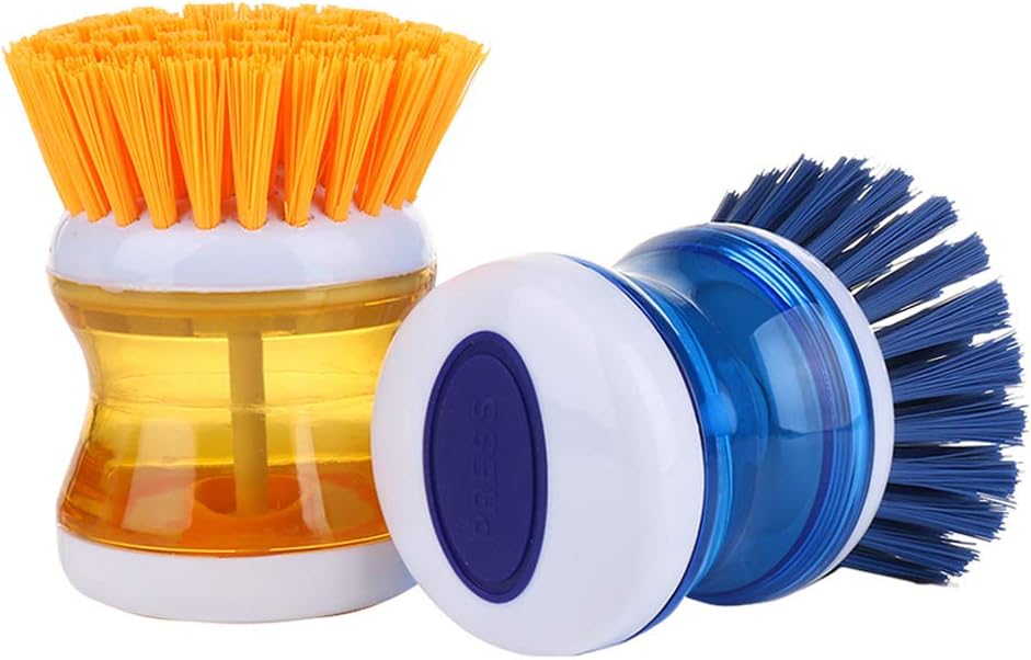 Comfecto Soap Dispensing Palm Brush, Kitchen Brush for Dish Pot Pan Sink Cleaning, Dishwasher Safe Nonslip Grip Nylon Bristle Dish Scrubber Brush