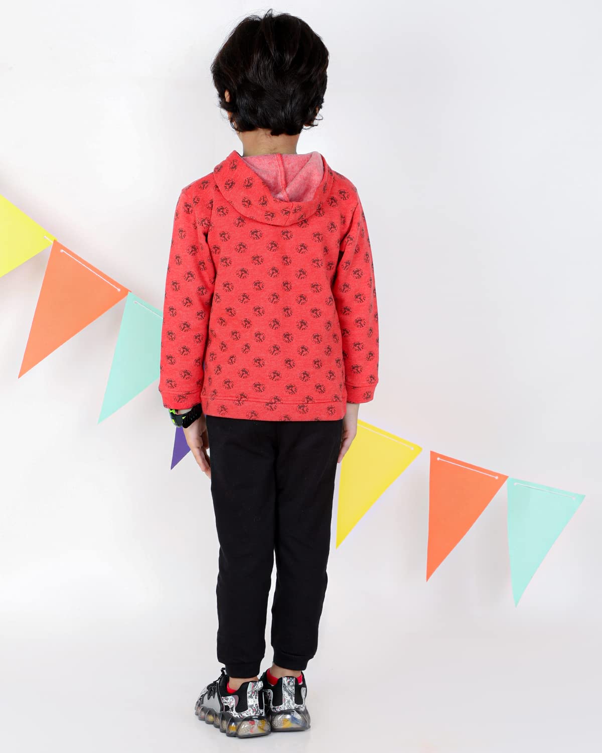 The Mom Store Printed Cotton Full Sleeves Hoodie for Boys| 100% Cotton with Brushed Fleece | Kids Winter wear | Cute Prints | Comfortable | Warm | Red | 3-4 | - Image 4 thumbnail