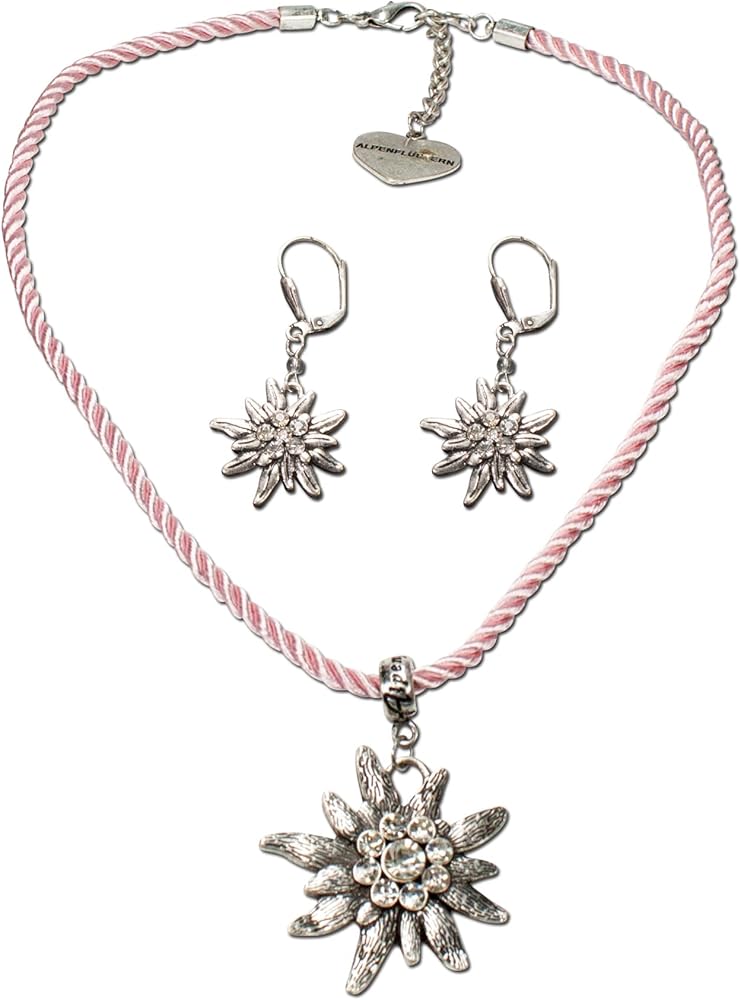 Set Di Gioielli Tradizionali Bavaresi Con Stella Alpina E Cuore: Collana, Anello E Orecchini Con Strass - 4