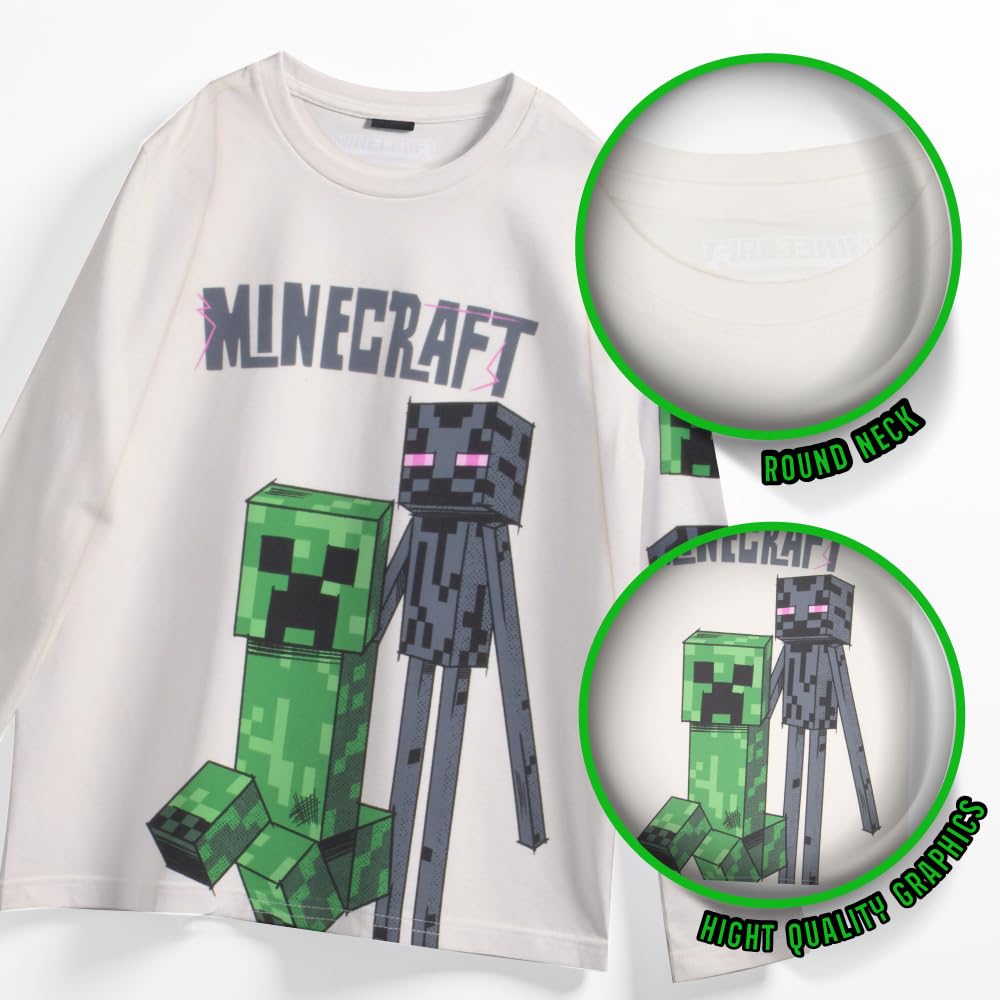 Minecraft Confezione da 3 magliette da ragazzo, a maniche lunghe, stampa grafica, in morbido cotone, magliette da gioco per bambini