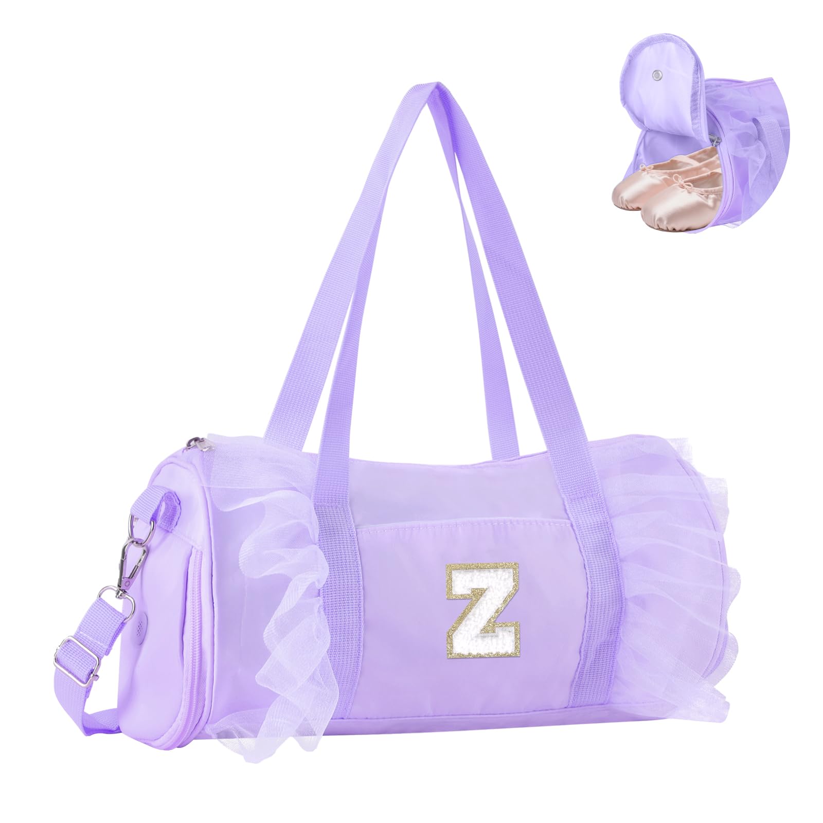 Personalized Initial Dance Bag for Girls 4-6, Small Lace Gym Sport Yoga Cheer Dance Bags Gift for Teen Girls, Cute Letter Kids Ballet Bag Toddler Travel Duffel Tote with Adjustable Straps(Purple-Z)