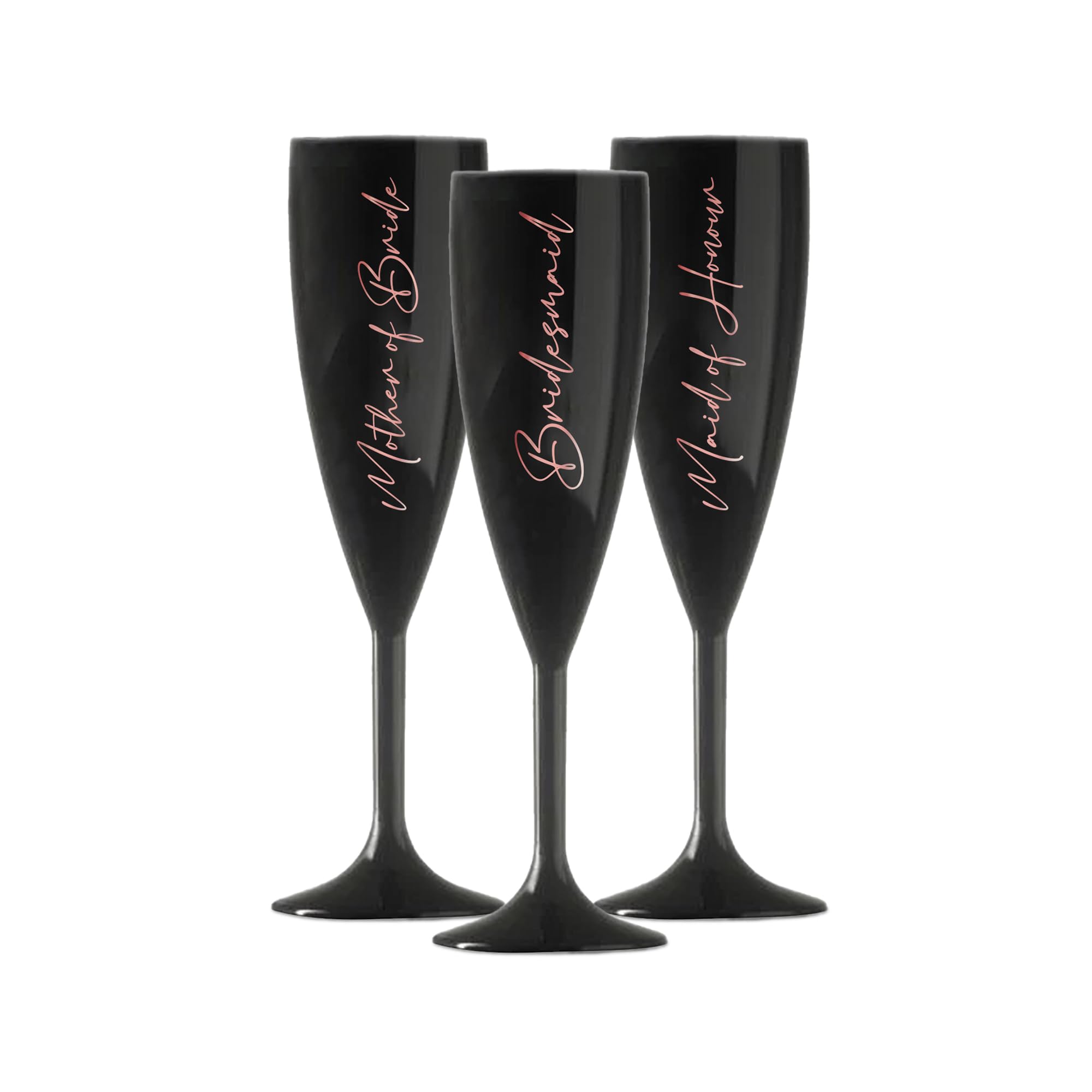 Print Maniacs Champagne Premium Black Flute Glass Bride Groom Mr Mrs Wedding Maid Honour Wine Cocktail Prosecco Celebrations Gift (Rose Gold, Set of 3 Brides Side)