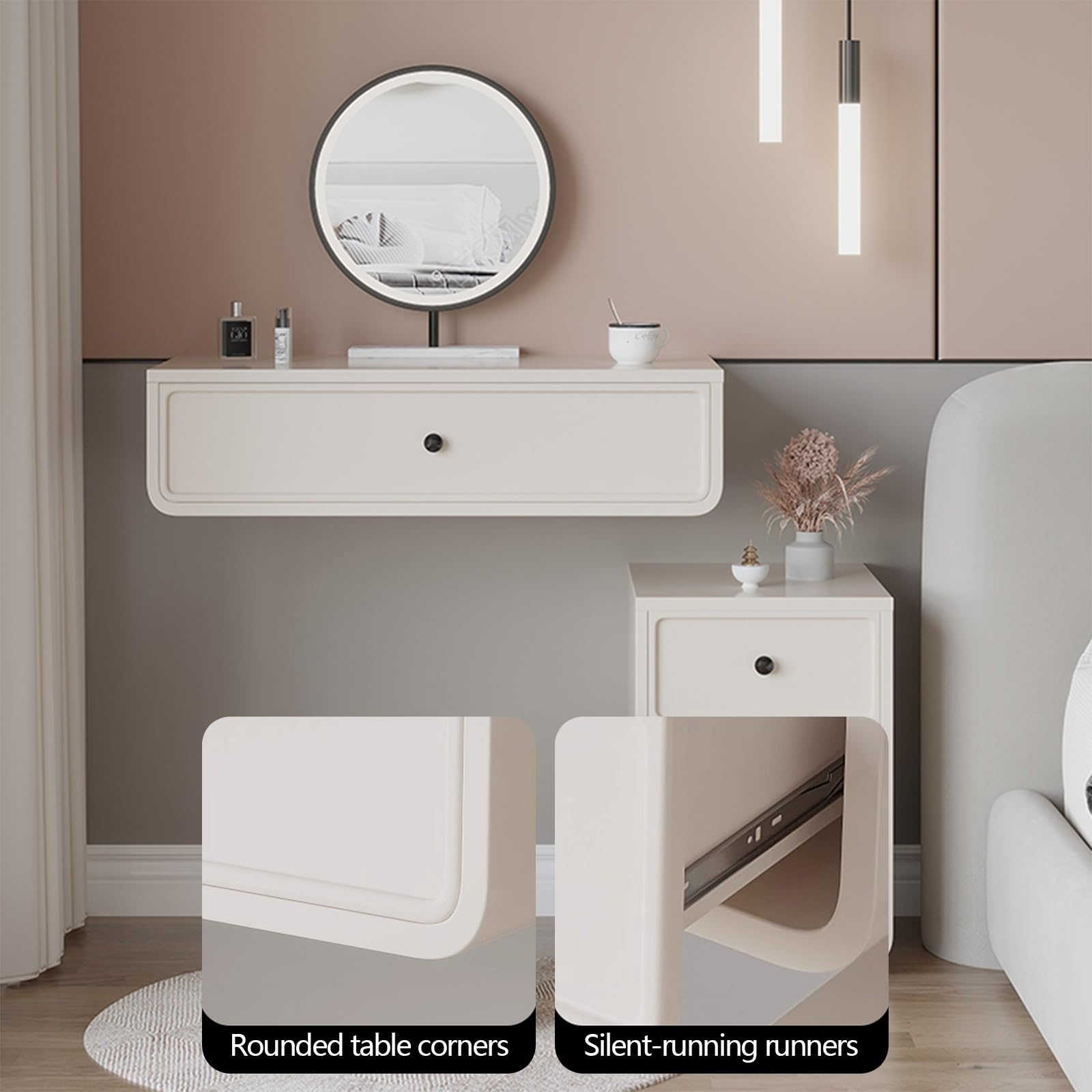 Tavolo da trucco galleggiante moderno con armadietto laterale e sgabello, postazione trucco da parete con specchio e illuminazione, per camera da letto (60 cm)