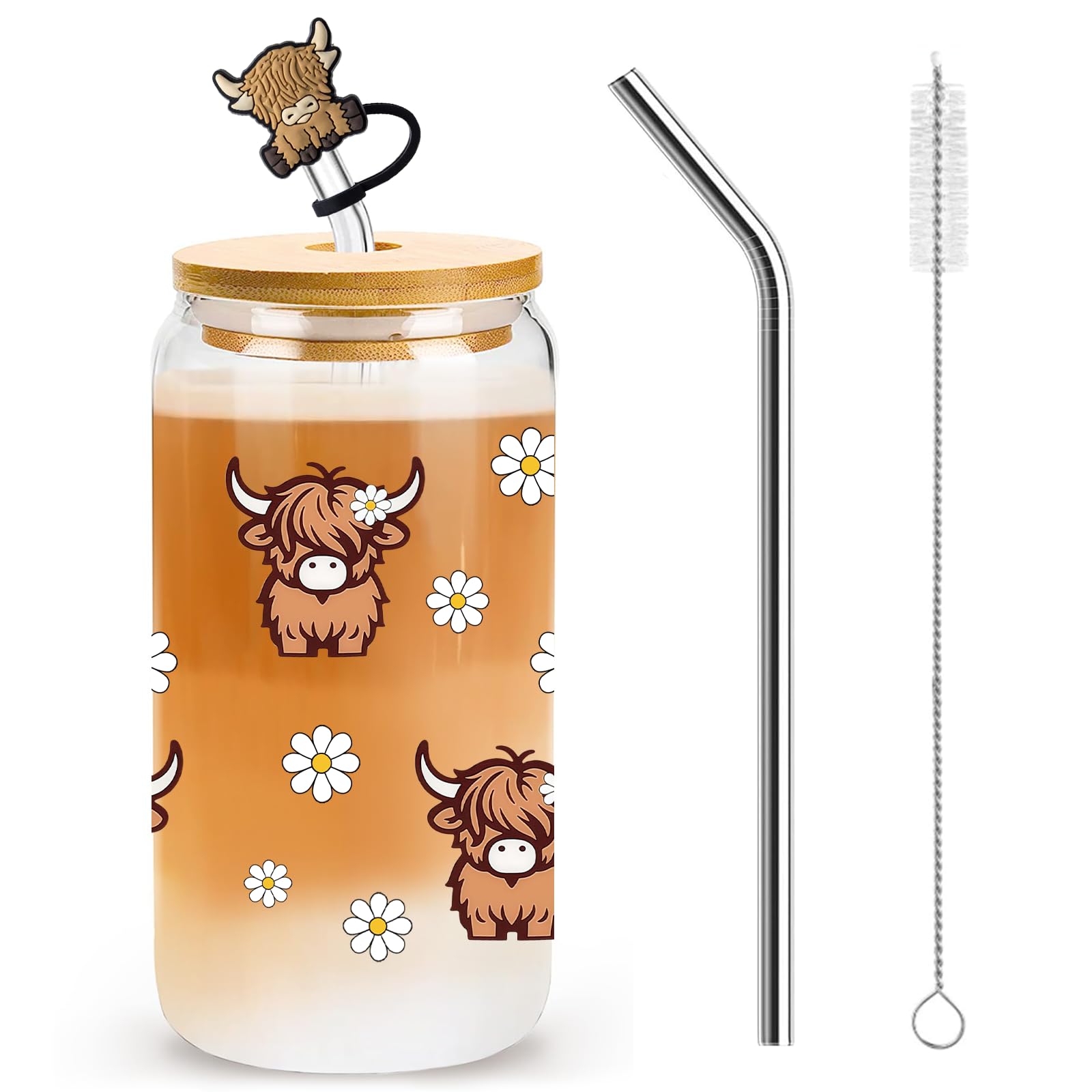 Nymora Highland Cow Glass Cup with Lid and Straw, 16oz Cute Tumbler for Iced Coffee, Cocktails, and Drinks, Highland Cow Gift for Women and Girls (B)