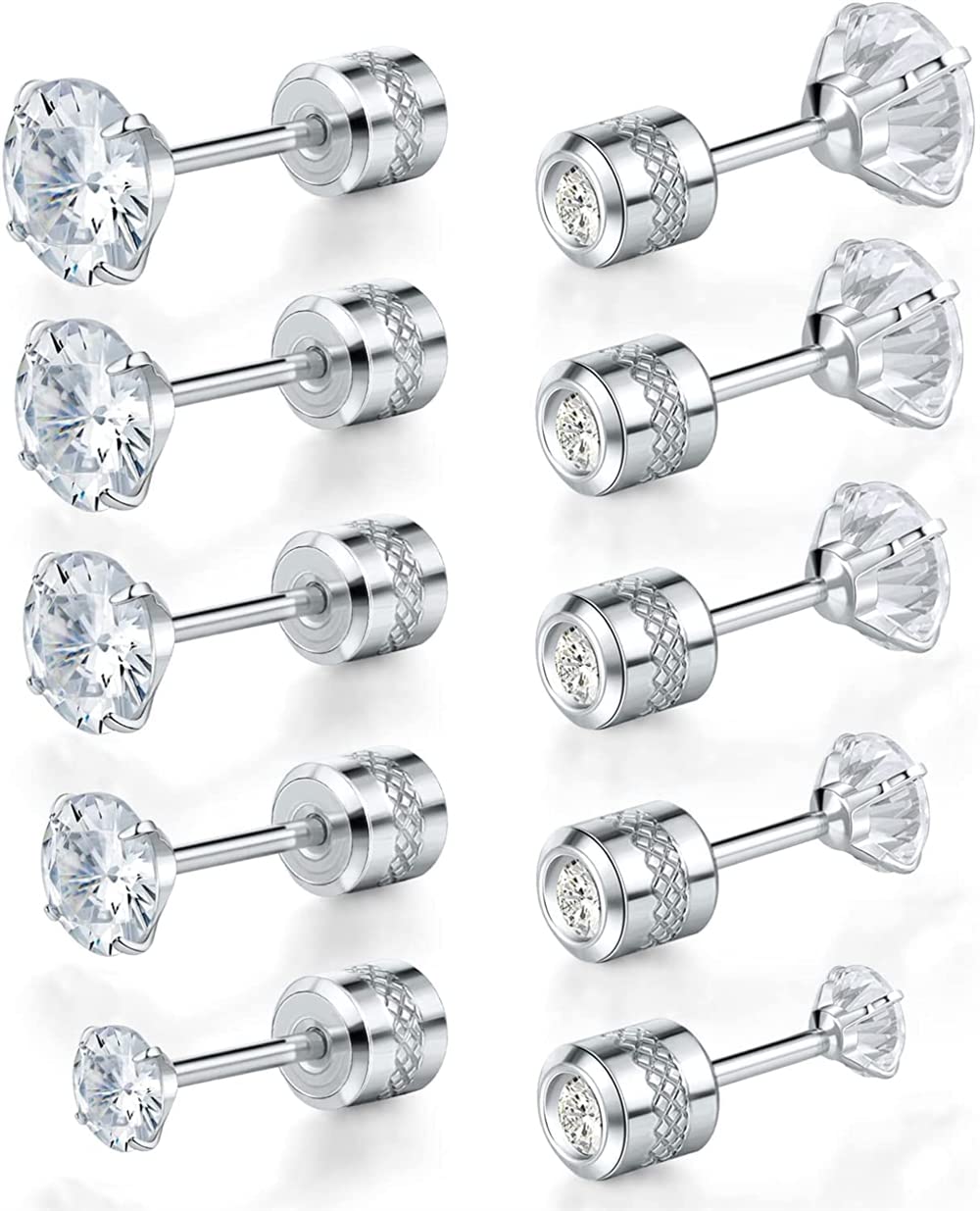 Titanium Screw Back Pack of Earrings Cubic Zirconia Studs for Women Men 20G Stainless Steel Hypoallergenic for Sensitive Ears Simulated Diamond, Crystal