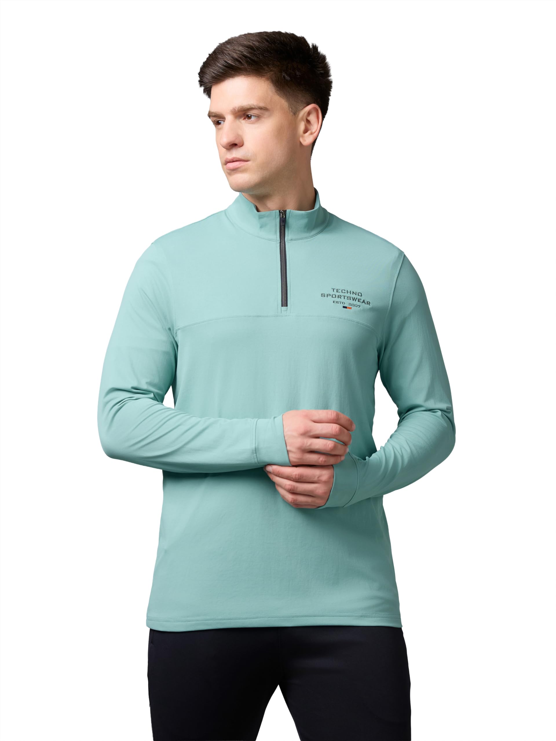 TECHNOSPORT Men's Slim Fit Gym T-Shirt with Techno Dry Lightweight Breathable Quick Dry Sports T-Shirt UPF 50+ Anti Odour Full Sleeve Quarter Zip Running Training Active Wear-image-48