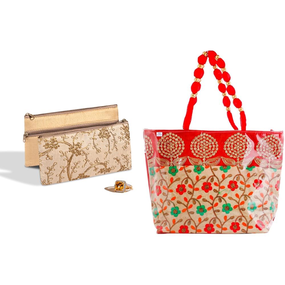 2 Pcs Polyester Hand Purse for Woman with Zip | Lightweight & Compact Ladies + Laminated Embroidery Hand Bag, Tote Bag, Purse for All Occasion for Women & Girls (Red)-image-2