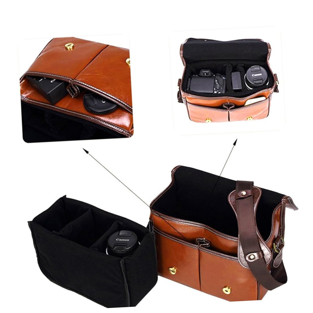 Marrón Bolsa para Cámara DSLR Resistente al Agua de Piel PU Grande
