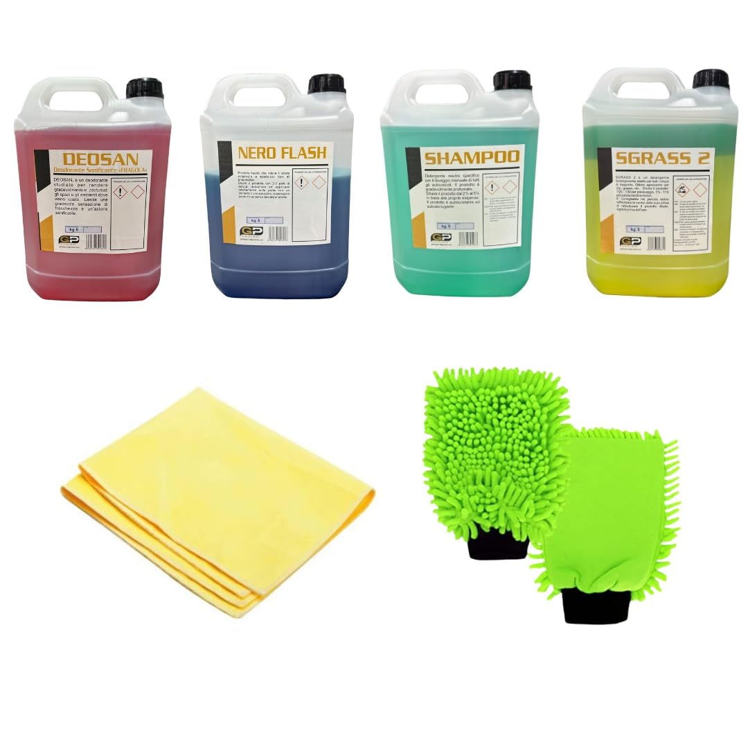 GPDESIGN KIT LAVAGGIO COMPLETO AUTO MOTO CAMION E FURGONI 6 PEZZI. COMBO18 COMPOSTO DA 4 TANICHE DA 5KG DI SGRASSANTE SHAMPOO NERO GOMME E DEODORANTE A FRAGOLA UNA PELLE SINTETICA UN GUANTO MICROFIBRA