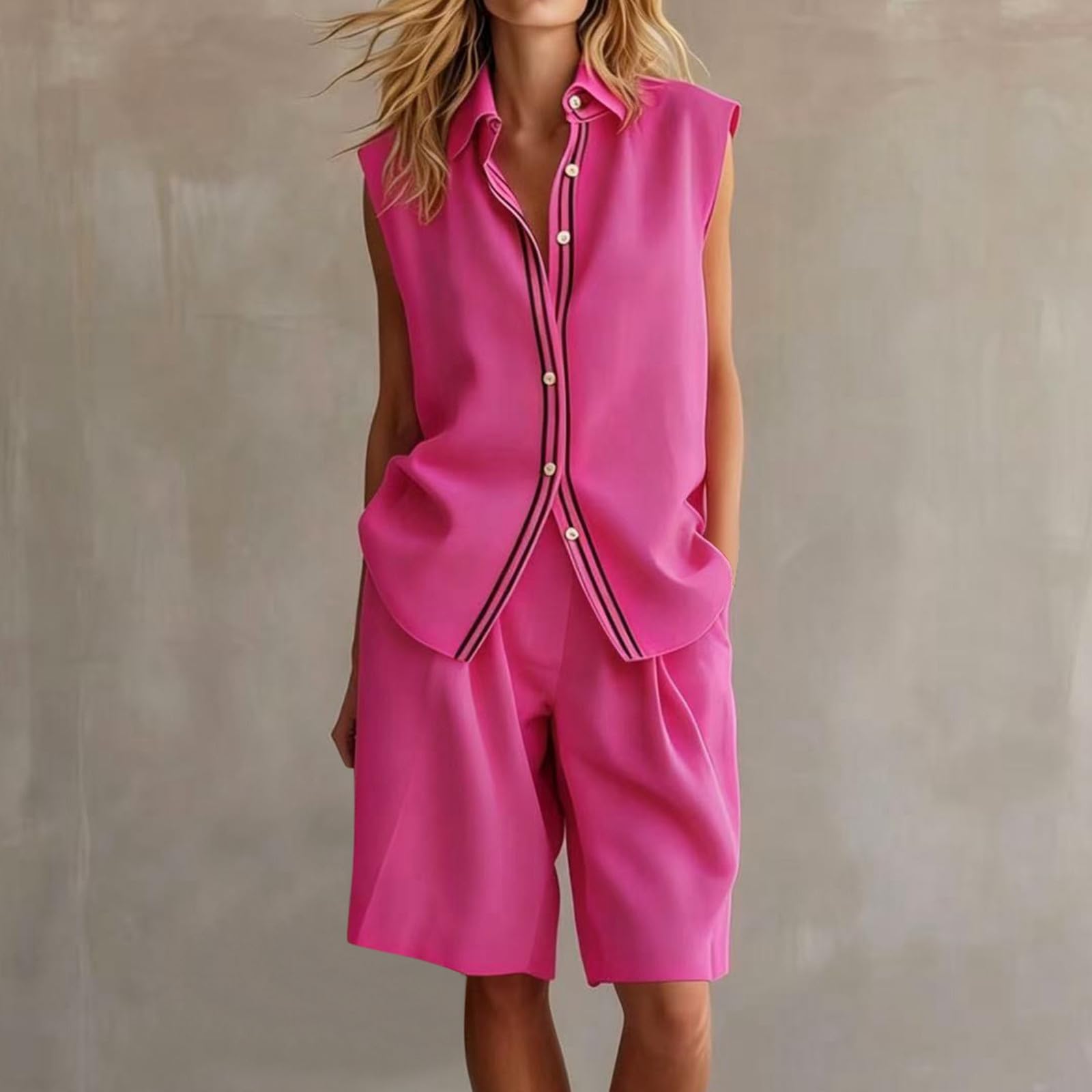 Generisch Completo estivo per il tempo libero, set da due pezzi con gilet, cardigan, maglietta con maniche in lino, versatile, per l'uso quotidiano, ufficio, vacanze