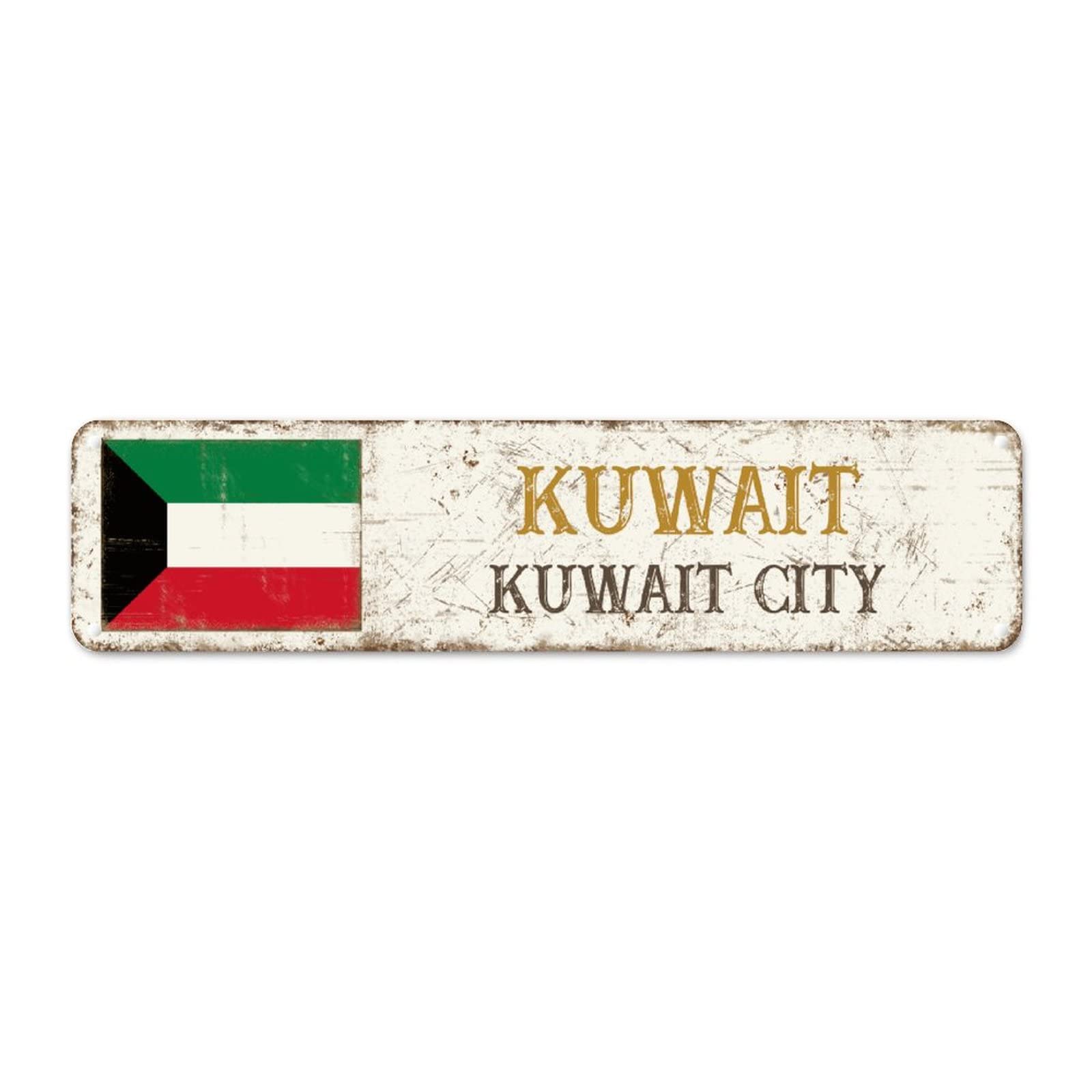 Cowkisssign Kuwait Country Souvenir Metal Plaque Tin Sign City Souvenir City Metal Sign National Flag Metal Sign Iron Painting Quality Aluminum Sign For Front Porch Outdoor Bedroom 24X6in
