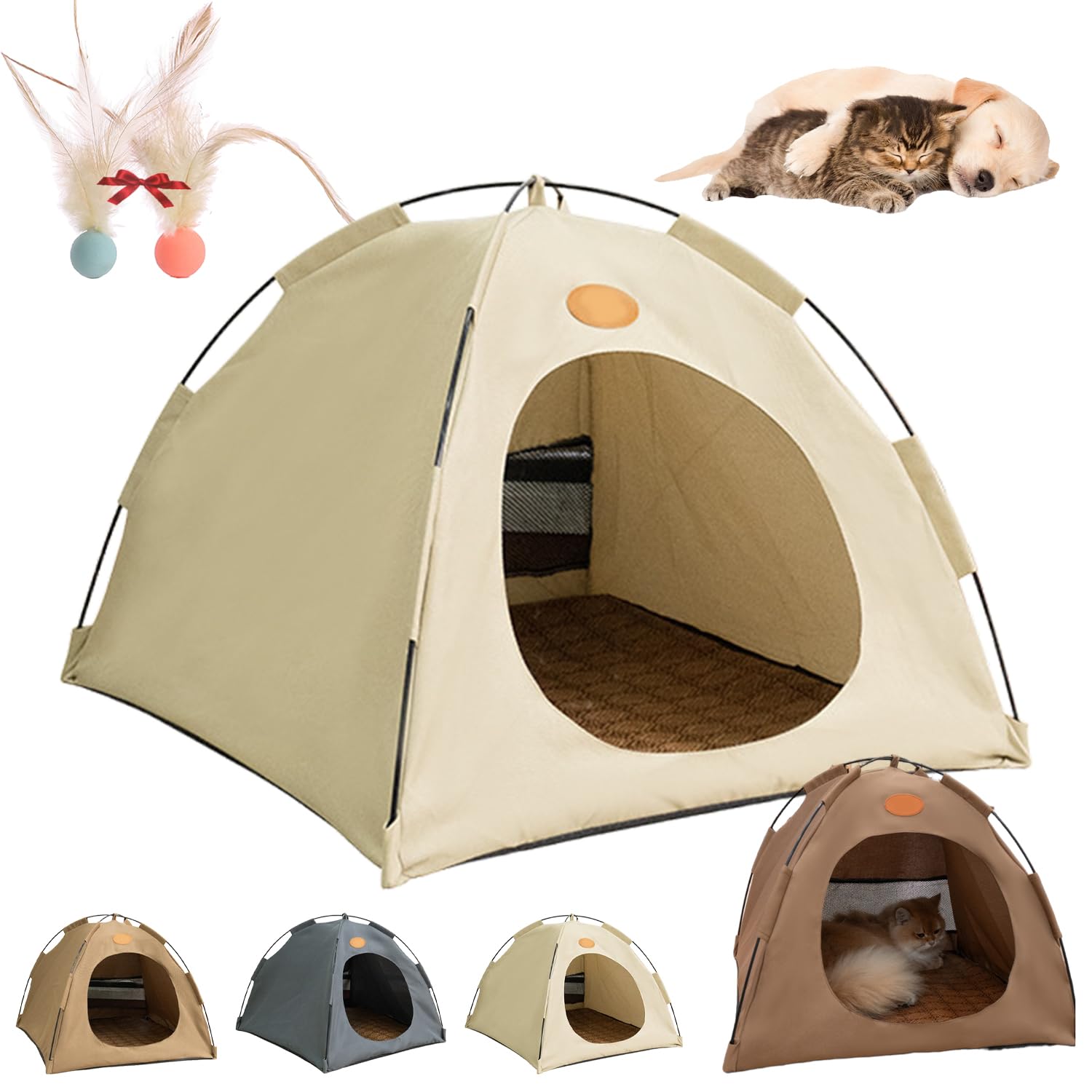 Breezyden Pop-Up Pet Tent, Portable Hideaway for Cats & Small Dogs, Cat Tents for Indoor Cats, Foldable Pet House for Indoor and Outdoor with Mesh Windows with Soft Cooling Pad (Beige,M)